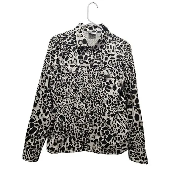 Chico's Animal Print Jacket Size 1 Neutral Black Tan White Size M 8-10 - Picture 16 of 16